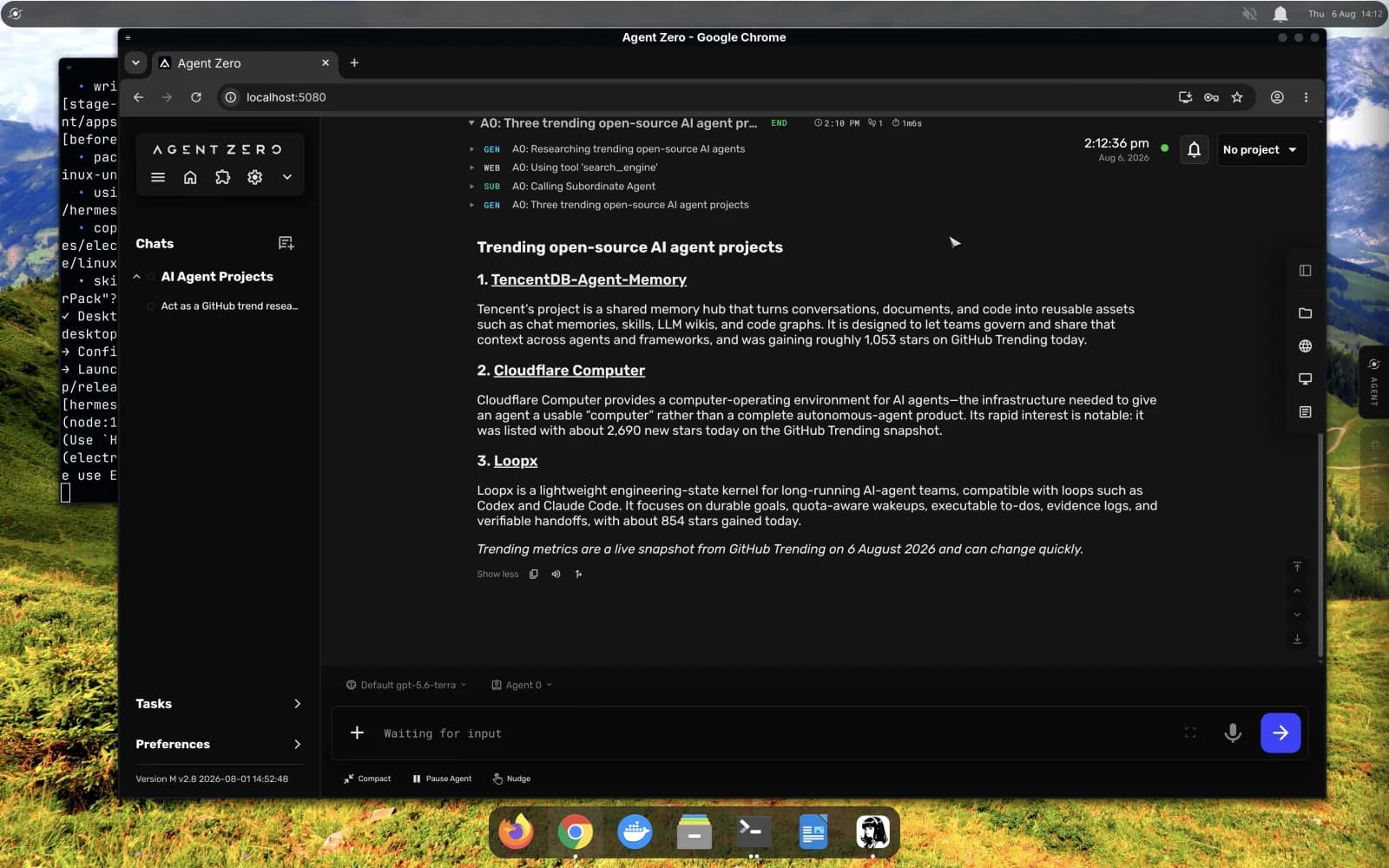 A full graphical Linux desktop with Agent Zero working in a browser window